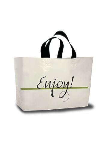 Ameritote Soft Loop Carryout Bags, 'Enjoy', Cream, 1.75 Mil, 19" x 12" + 9"