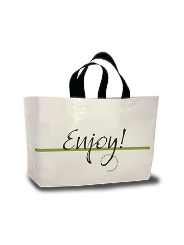 Ameritote Soft Loop Carryout Bags, 'Enjoy', Cream, 2 Mil, 24" x 14" + 11"