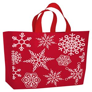 Snowflake' Printed Plastic Holiday Bags, 16" x 15" + 6"