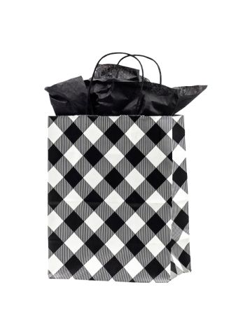 Medium Shopping Bag, White Buffalo Plaid, 8" x 4.75" x 10.25" (cub)